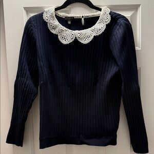 Talbots Cotton Navy Sweater with Lace Collar